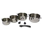 4 stainless steel saucepans with a removable lifting handle