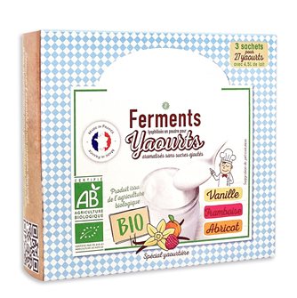 Freeze-dried organic ferments for homemade yoghurts 3 flavors vanilla raspberry apricot