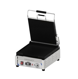 Contact grill panini 2,4 kW large grooved plates 36x36 cm with timer and grease collector